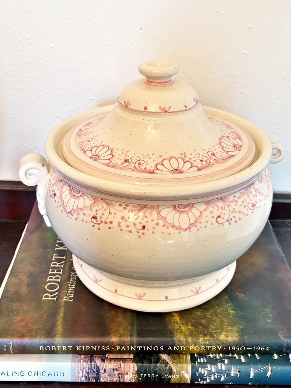 Vintage || Hand Painted Soup Tureen Lidded Floral Cream Pink Italy